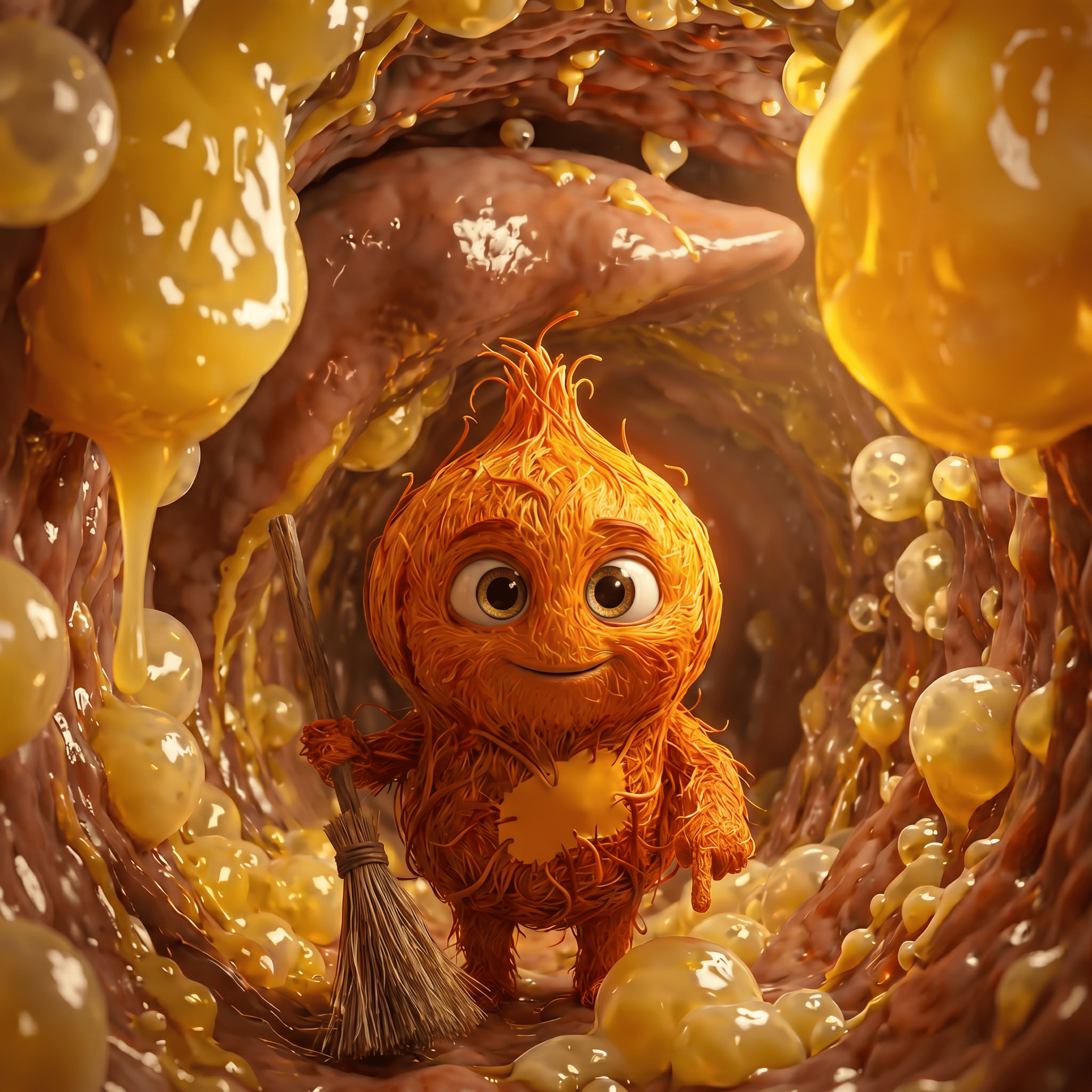 Mascote laranja felpudo e sorridente